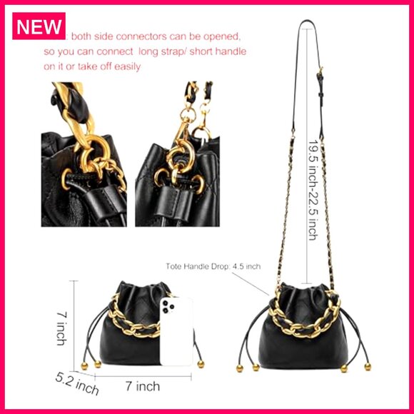 Small Lambskin Leather Bucket Bag with Drawstring and Chunky Chain Strap - Picture 5 of 8